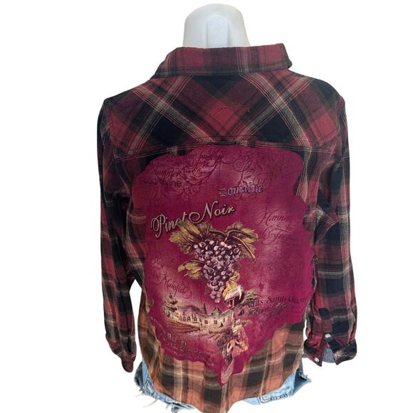 Pinot Noir Wine Lover Plaid Flannel Shirt XL Shacket Oversize Upcycle Unique - Picture 1 of 6